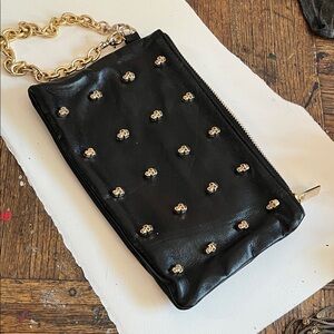 CAROL BRODIE Black Studded SKULLS Leather Clutch with Gold Chain, never used